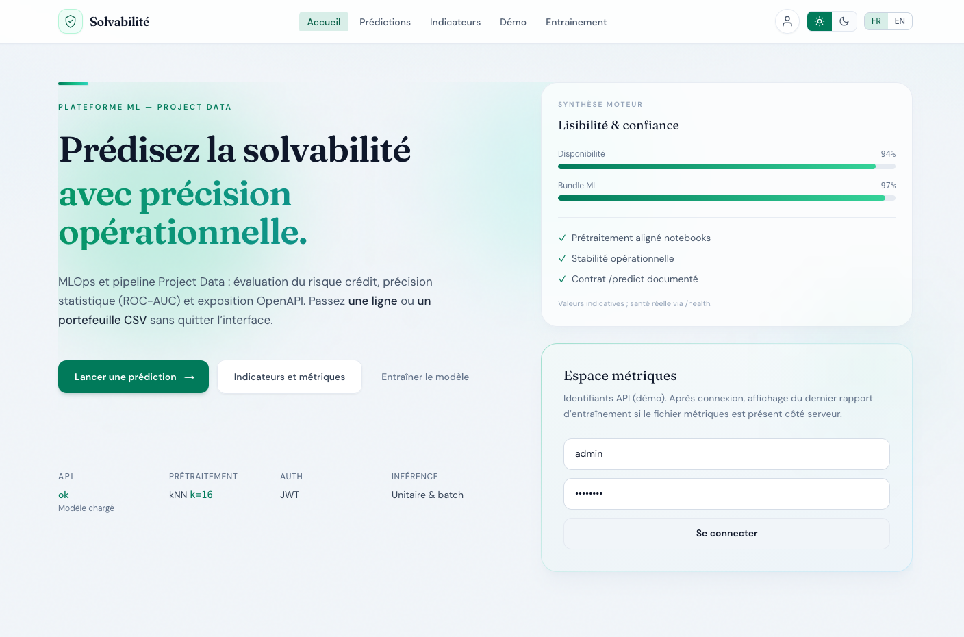 Aperçu animé de l’application Creditworthiness — tableaux et indicateurs de risque
