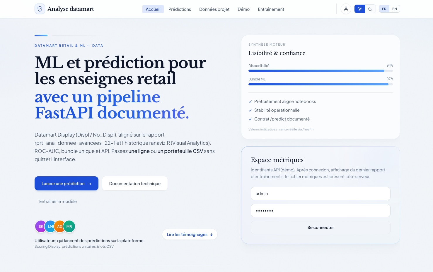 Aperçu animé de la plateforme datamart-analysis — navigation et visualisations